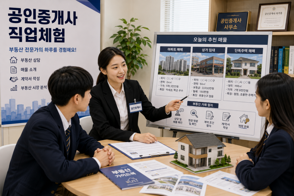 공인중개사 직업체험 학생 부동산 상담 및 계약 교육 장면