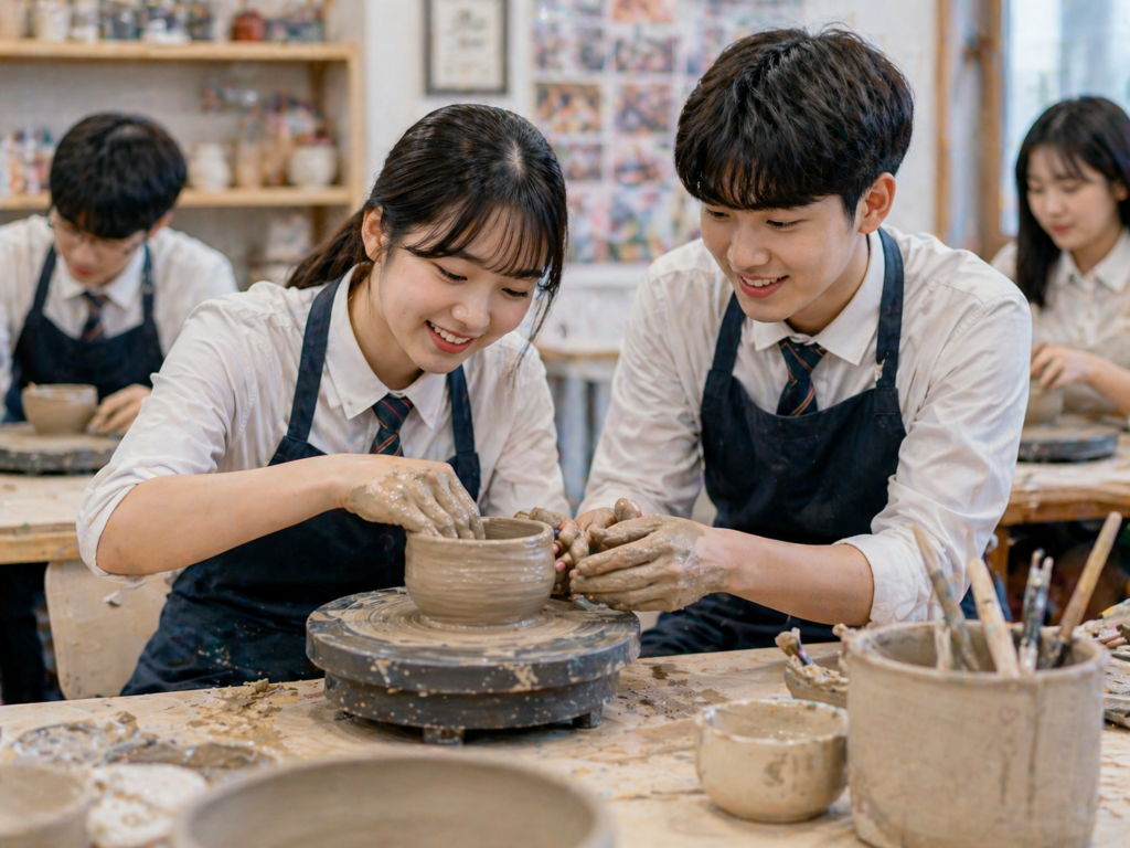 도자기 공예 직업체험 물레 작업 및 클레이 성형 교육 장면
