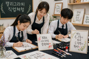 캘리그라피 직업체험 손글씨 디자인 및 작품 제작 교육 장면