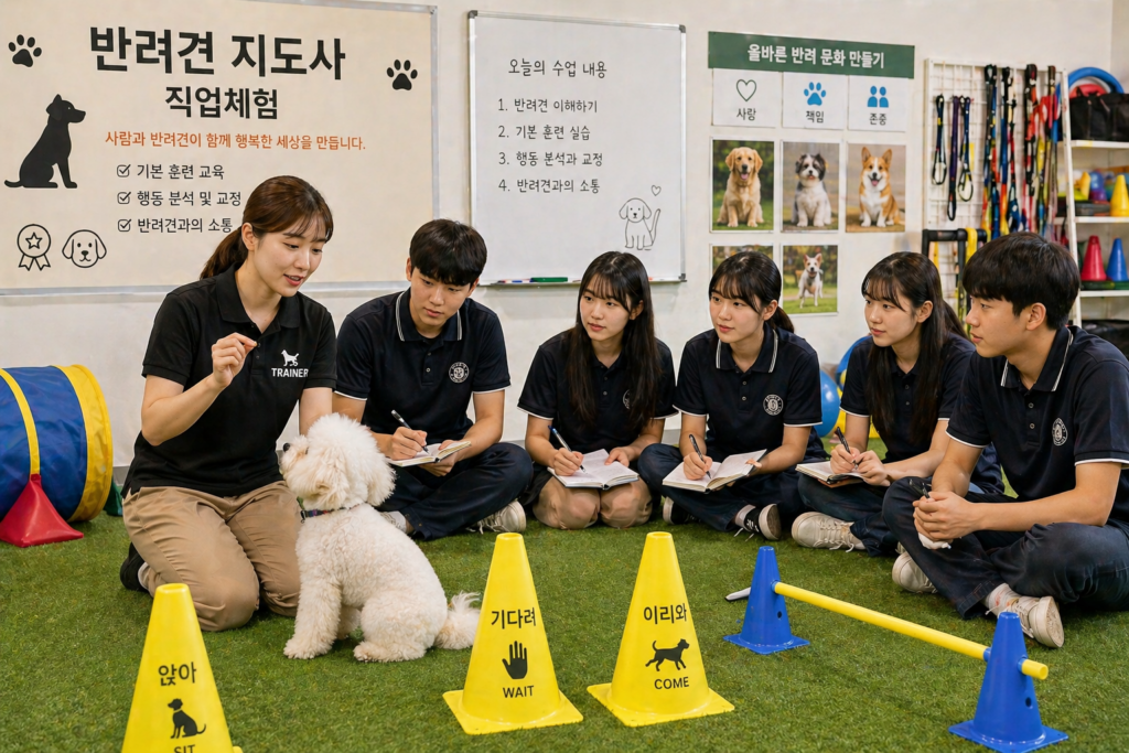 반려견 지도사 직업체험 강아지 훈련 및 행동 교정 실습 장면
