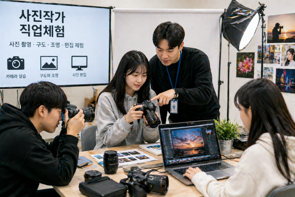 사진작가 직업체험 카메라 촬영 및 사진 편집 교육 장면