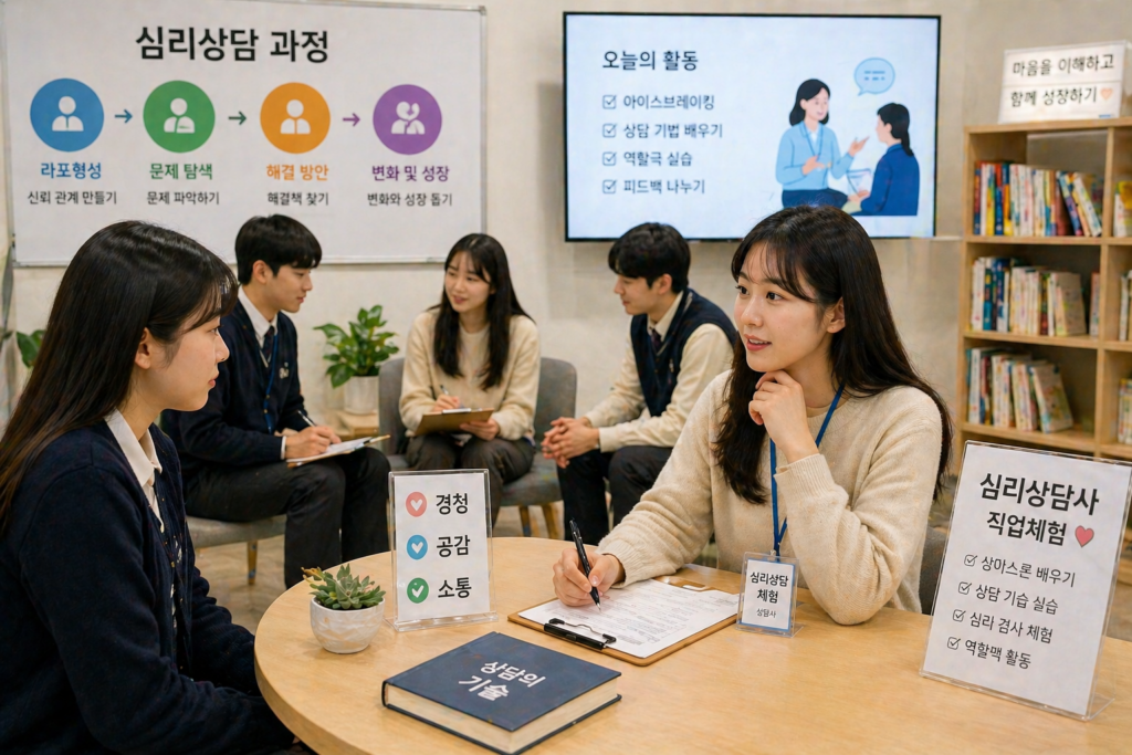 심리상담사 직업체험 상담 실습 및 소통 교육 장면