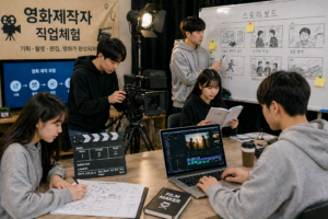 영화제작자 직업체험 촬영 및 영상 편집 실습 교육 장면