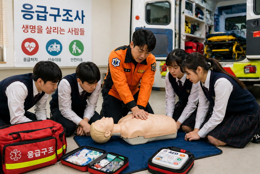 응급 구조사 직업체험 CPR 및 응급처치 실습 교육 장면