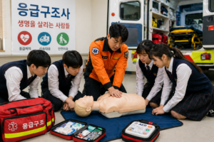 응급 구조사 직업체험 CPR 및 응급처치 실습 교육 장면