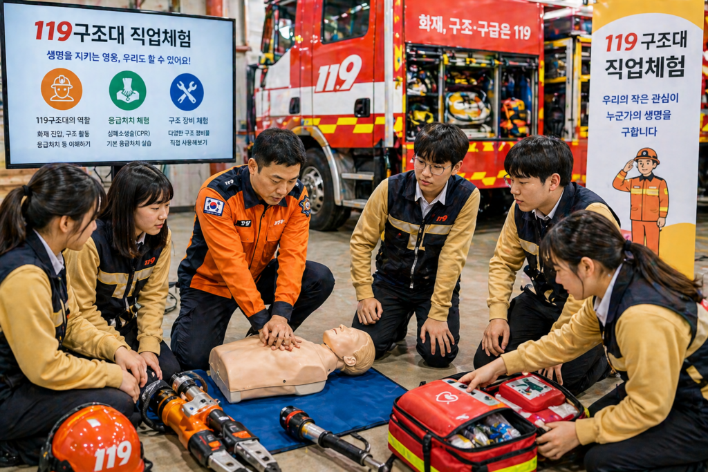 119구조대 직업체험 응급처치 및 구조 장비 실습 교육 장면
