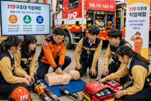 119구조대 직업체험 응급처치 및 구조 장비 실습 교육 장면